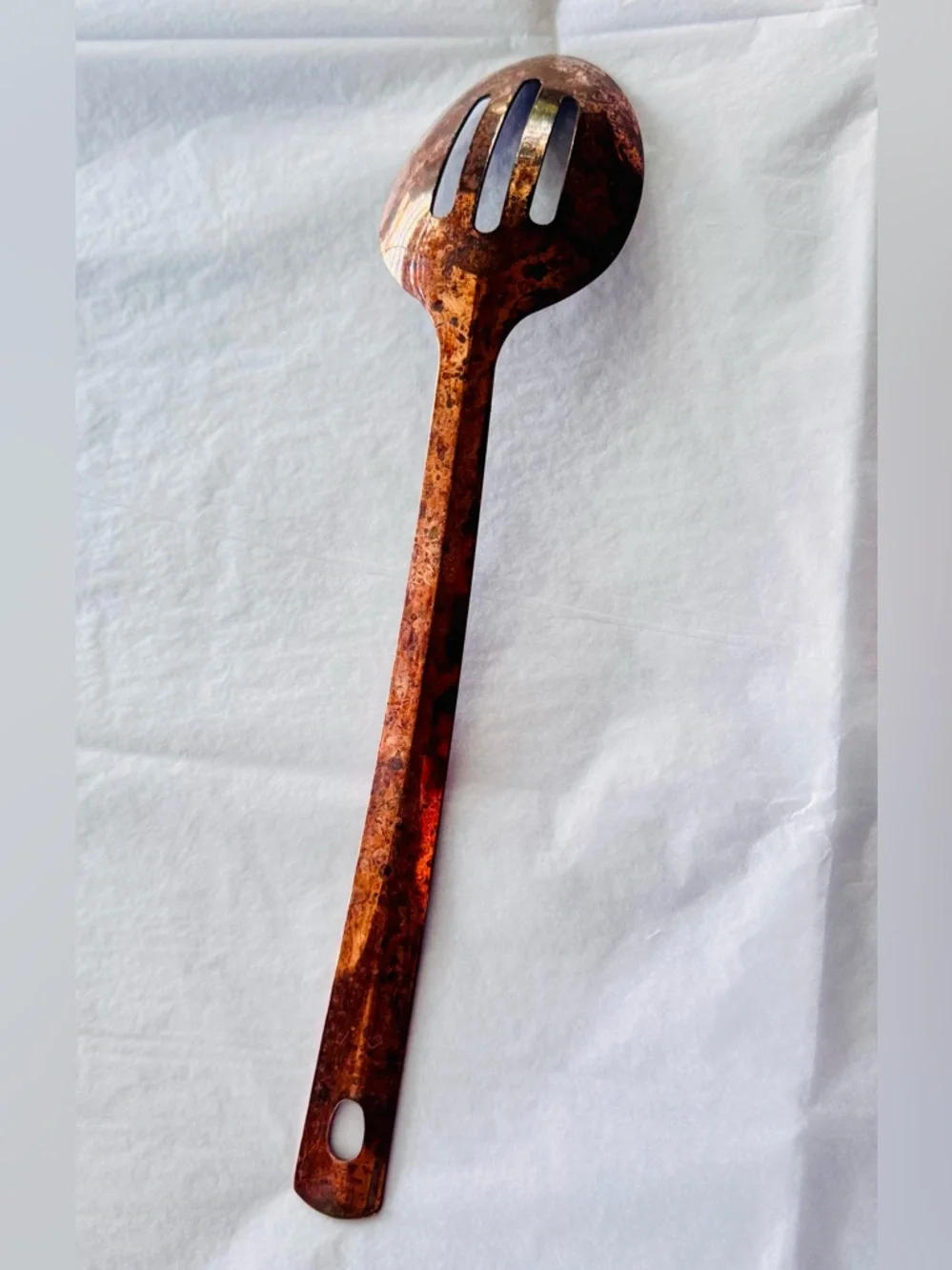 VINTAGE 14” Copper Tone Slotted Serving Spoon
